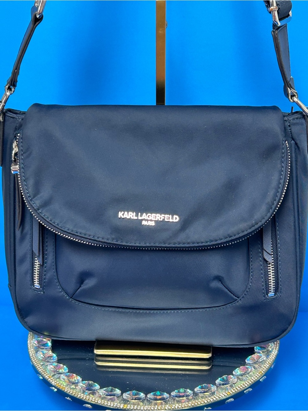 Karl Lagerfeld Navy Shoulder Bag - Sleek Crossbody Approx. 12 x 9.5 x 3